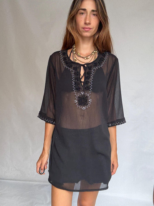 Sheer Black Embroidered Top • Boho Tunic Blouse • Festival See-Through Mesh Shirt