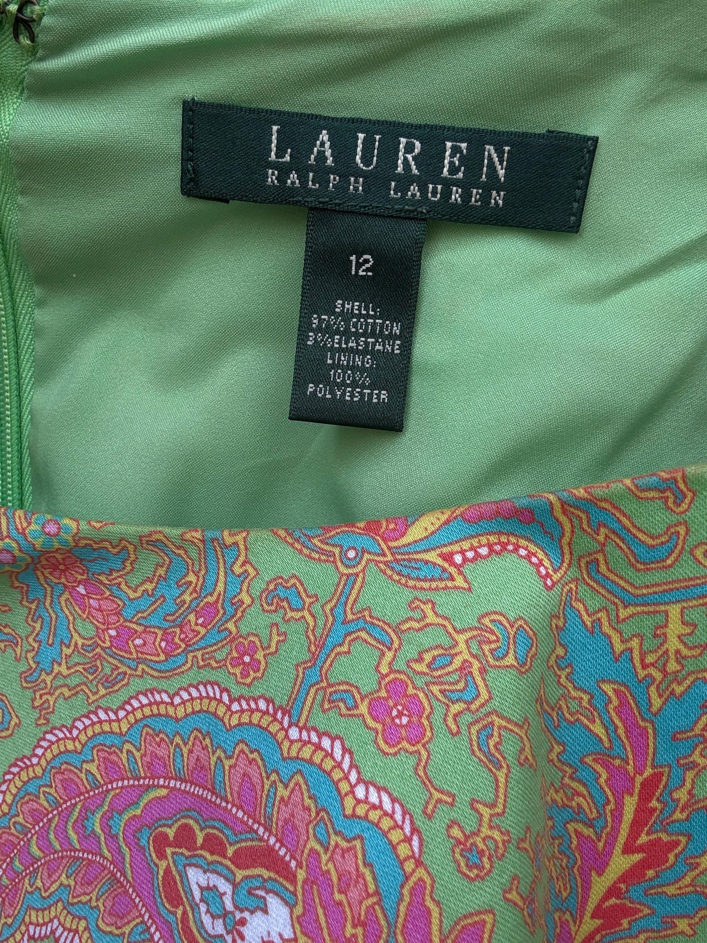 Ralph Lauren dress size 12 – sleeveless cotton blend shift with paisley print in lime green, 60s style vintage party dress with zip back