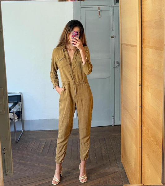 Vintage Light Brown Linen Cotton Jumpsuit