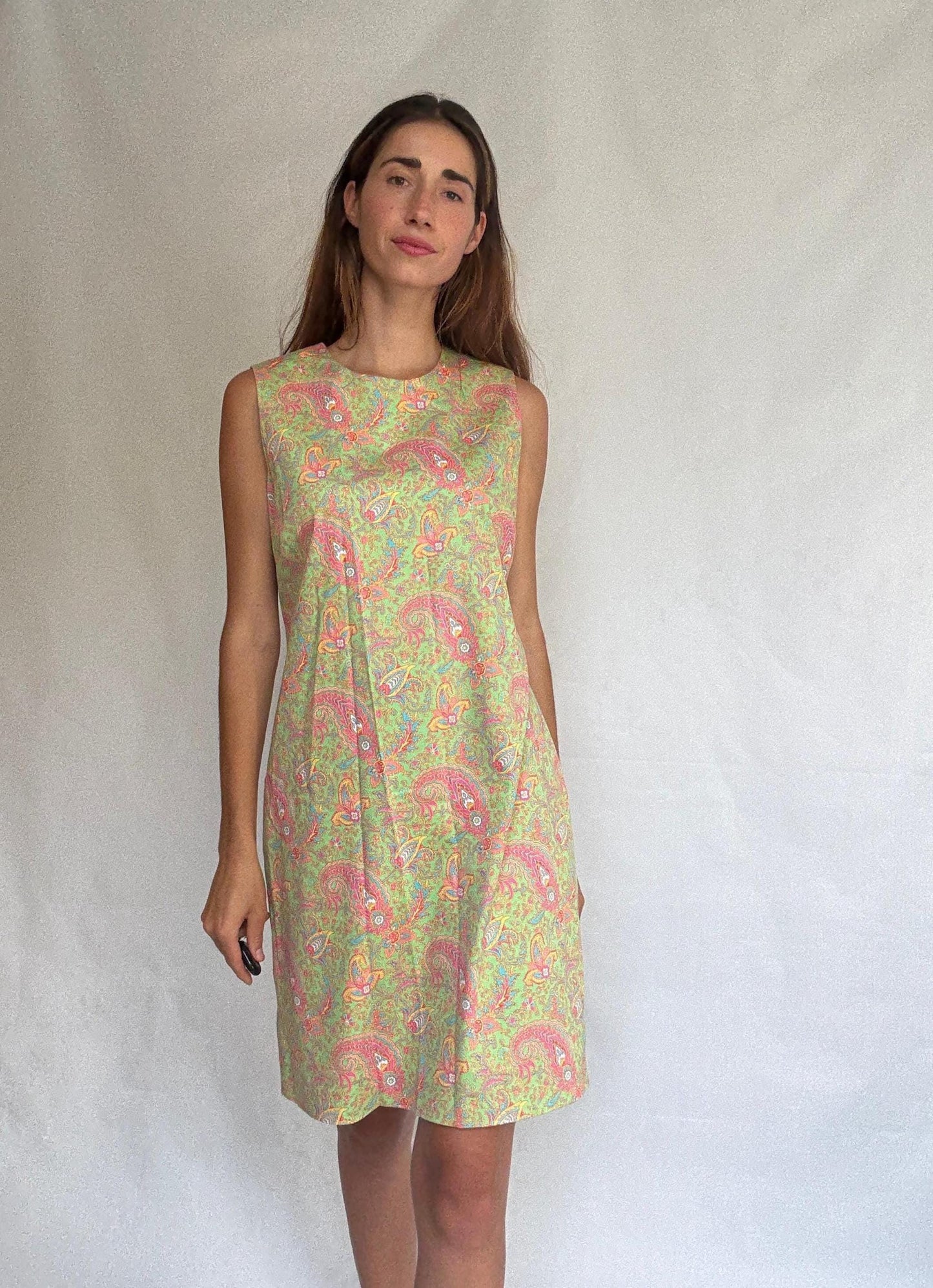 Ralph Lauren dress size 12 – sleeveless cotton blend shift with paisley print in lime green, 60s style vintage party dress with zip back