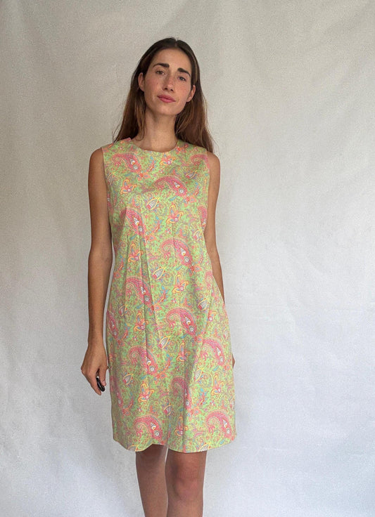 Ralph Lauren dress size 12 – sleeveless cotton blend shift with paisley print in lime green, 60s style vintage party dress with zip back