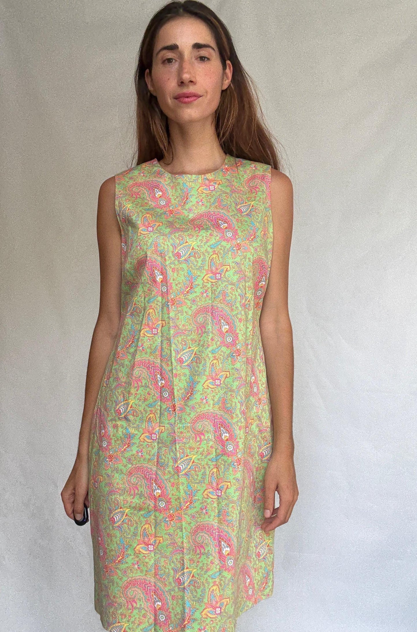 Ralph Lauren dress size 12 – sleeveless cotton blend shift with paisley print in lime green, 60s style vintage party dress with zip back
