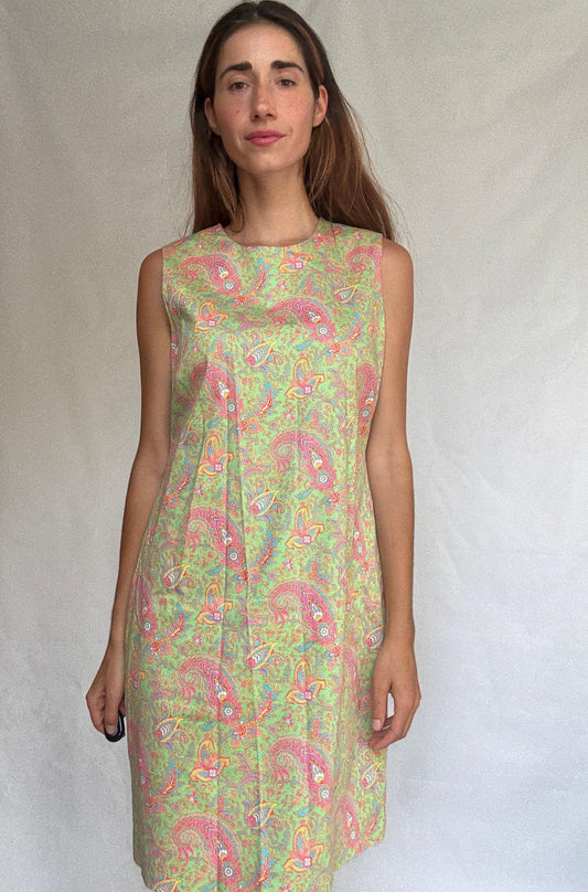 Ralph Lauren dress size 12 – sleeveless cotton blend shift with paisley print in lime green, 60s style vintage party dress with zip back