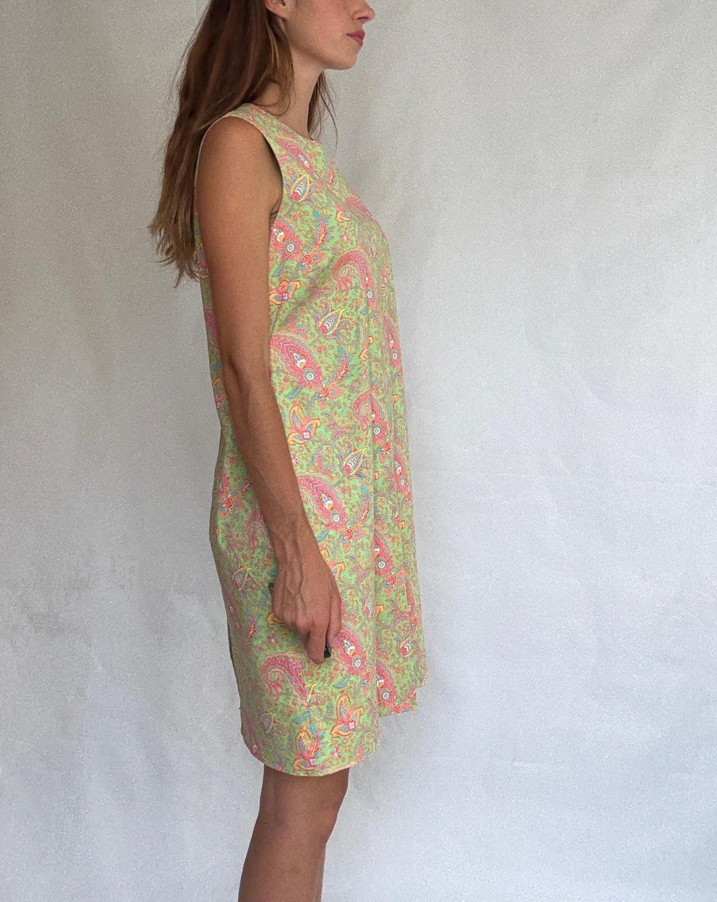 Ralph Lauren dress size 12 – sleeveless cotton blend shift with paisley print in lime green, 60s style vintage party dress with zip back