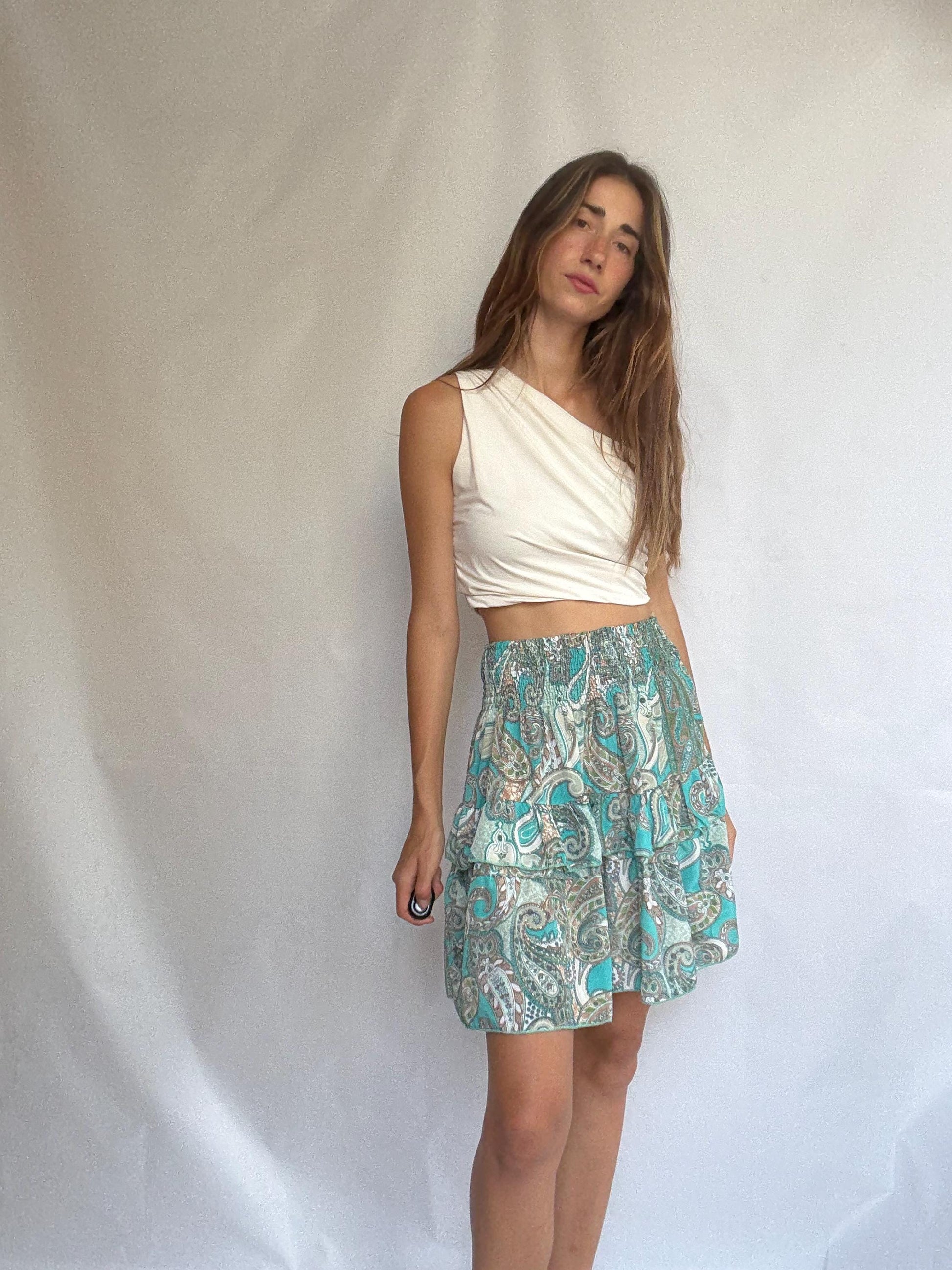 Paisley ruffle mini skirt in teal silk blend by Bigg Bull, elastic waist tiered summer skirt, boho lightweight flowy fit