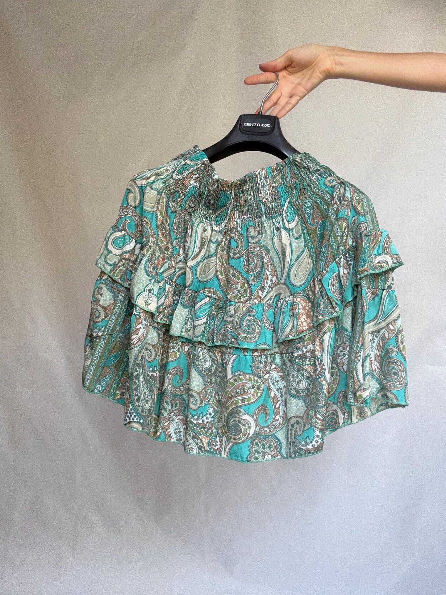 Paisley ruffle mini skirt in teal silk blend by Bigg Bull, elastic waist tiered summer skirt, boho lightweight flowy fit