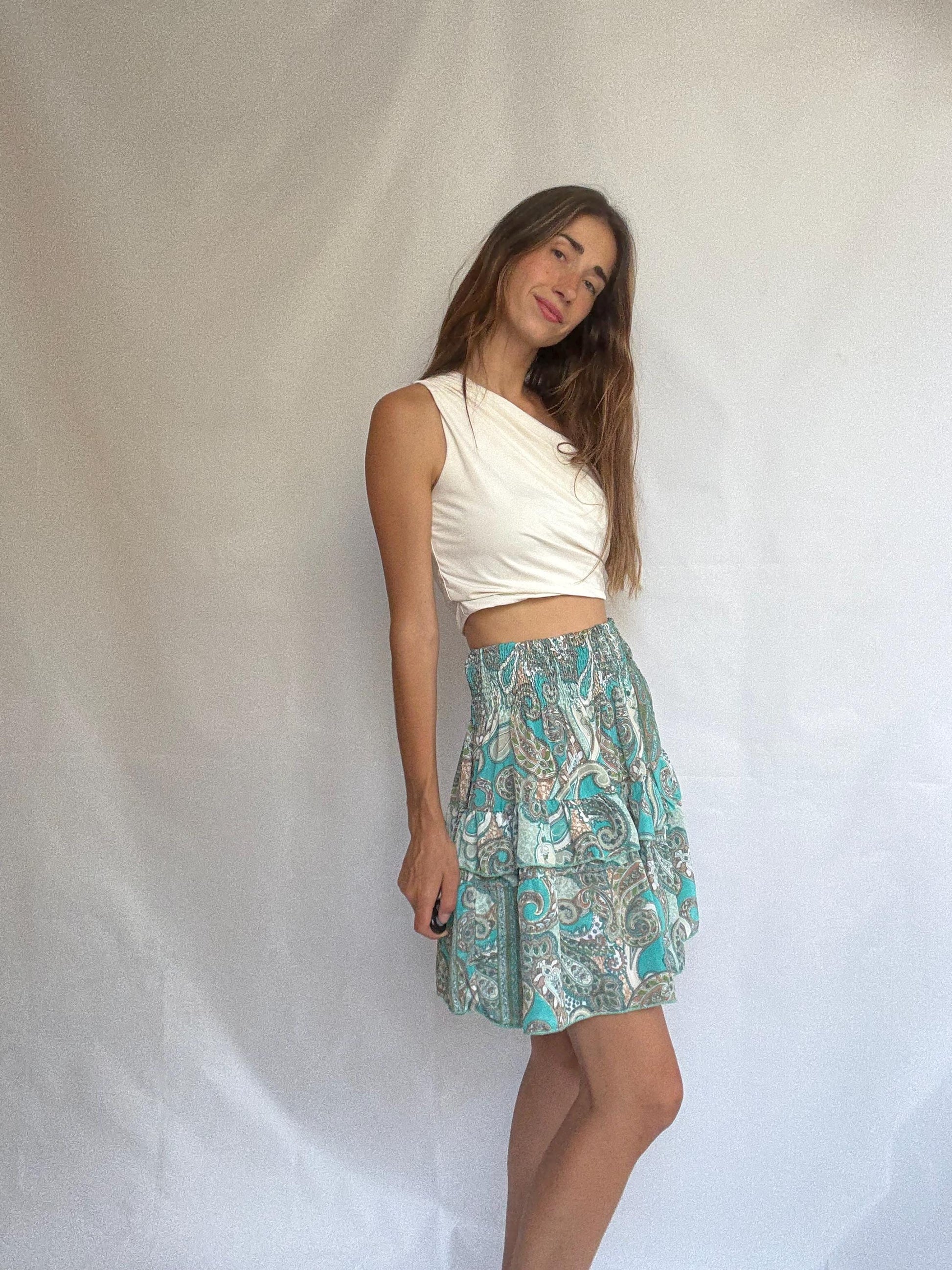 Paisley ruffle mini skirt in teal silk blend by Bigg Bull, elastic waist tiered summer skirt, boho lightweight flowy fit