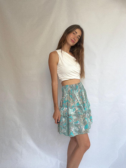 Teal Silk Blend Paisley Skirt by Bigg Bull, Boho Ruffle Mini