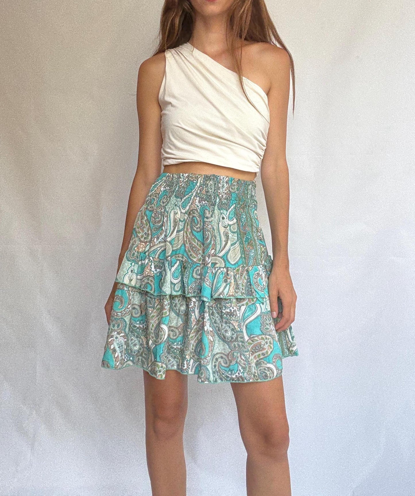 Paisley ruffle mini skirt in teal silk blend by Bigg Bull, elastic waist tiered summer skirt, boho lightweight flowy fit
