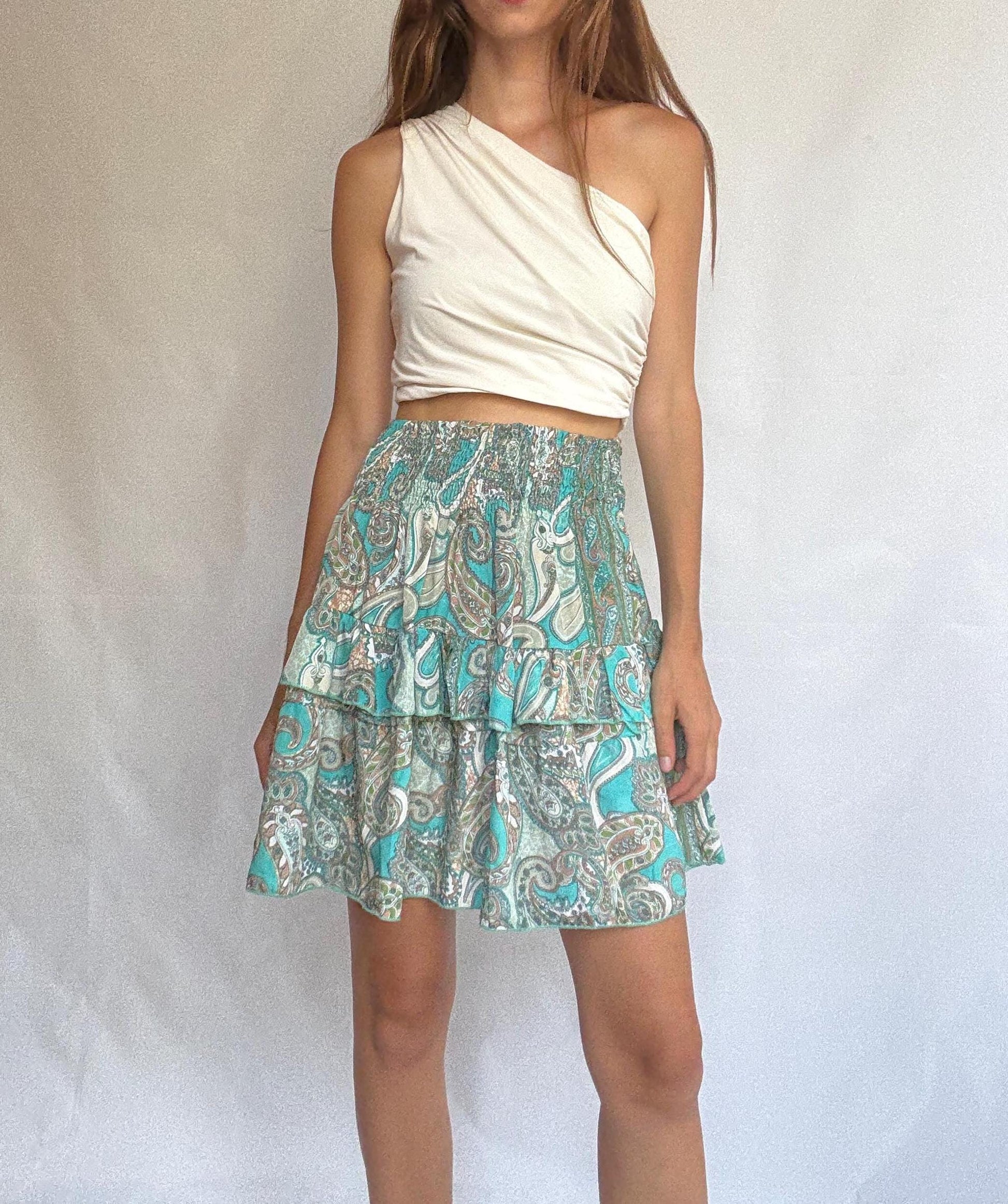 Paisley ruffle mini skirt in teal silk blend by Bigg Bull, elastic waist tiered summer skirt, boho lightweight flowy fit