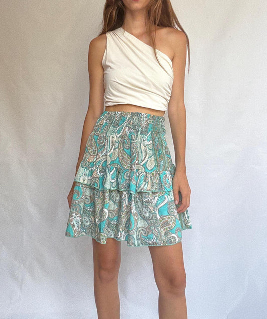 Paisley ruffle mini skirt in teal silk blend by Bigg Bull, elastic waist tiered summer skirt, boho lightweight flowy fit