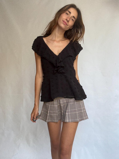 Uterqüe Black Textured Dot Blouse with Ruffle Back Tie