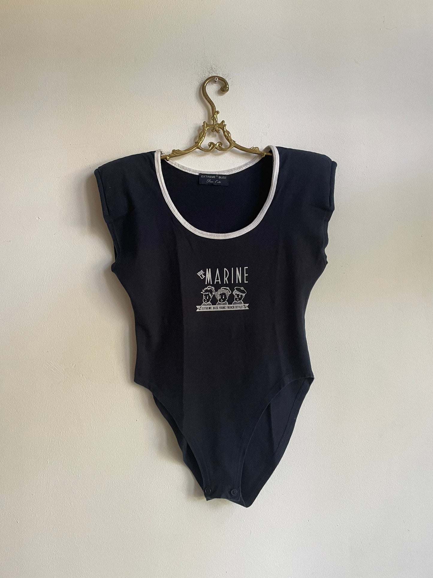 Vintage Marine body, Retro blue bodysuit, Comfortable open neck top with padded shoulders.
