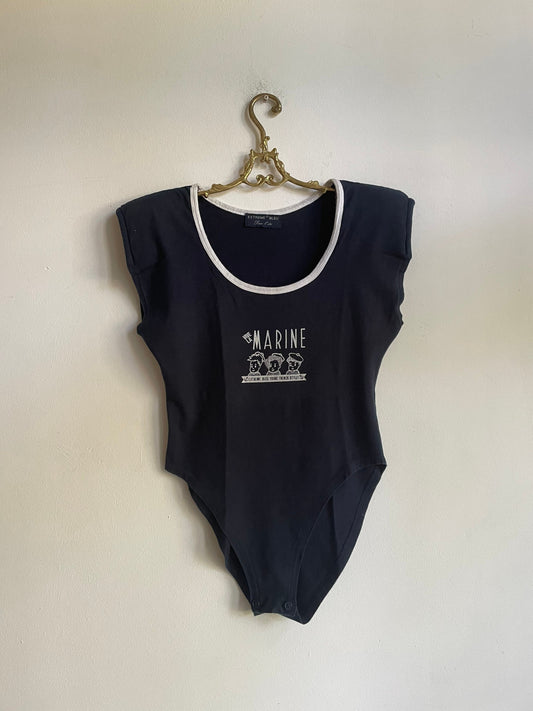 Vintage Marine body, Retro blue bodysuit, Comfortable open neck top with padded shoulders.