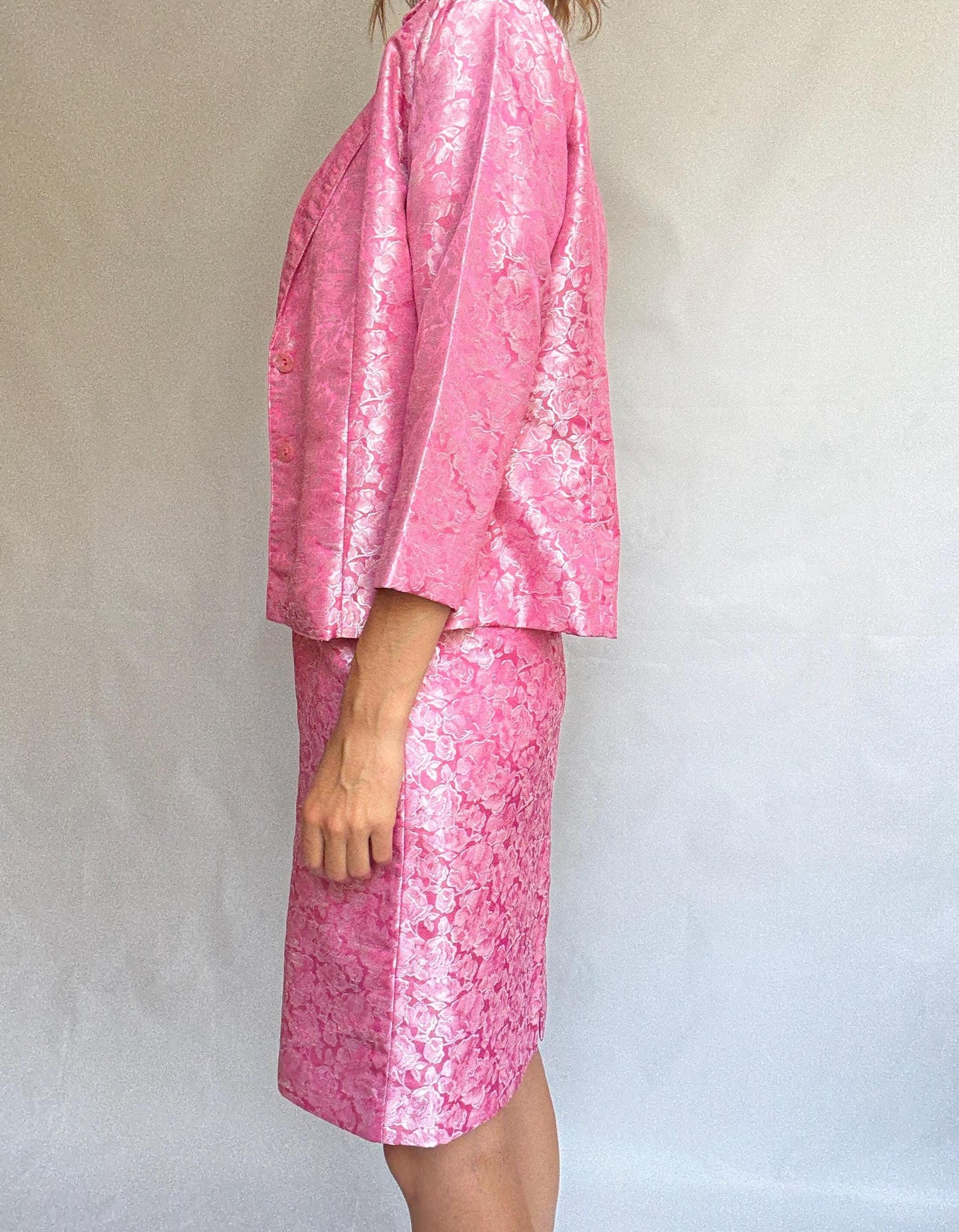 Vintage Pink Brocade Set – Handmade Spanish Skirt Top Jacket Suit – Barbie core office outfit, Size M-L