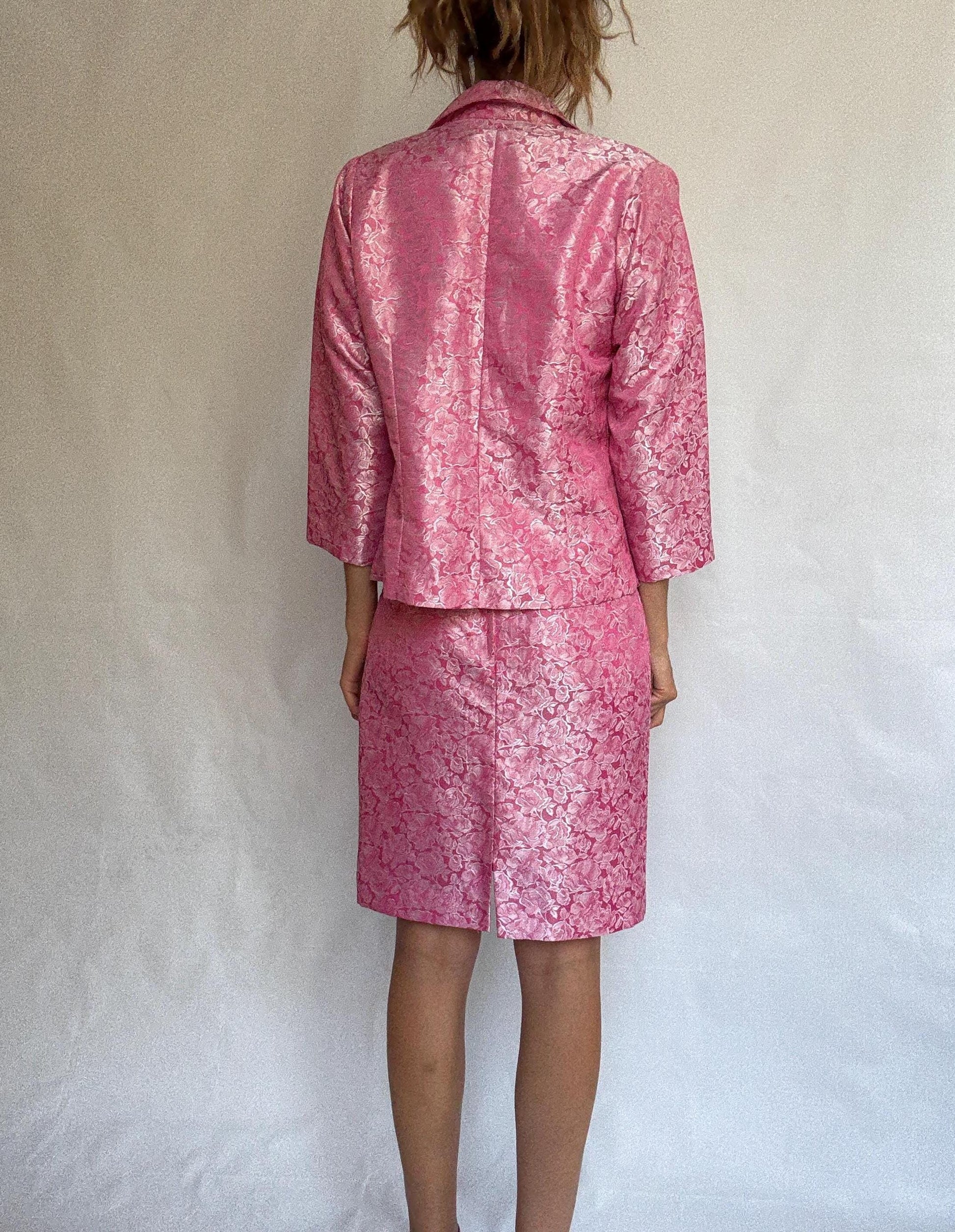 Vintage Pink Brocade Set – Handmade Spanish Skirt Top Jacket Suit – Barbie core office outfit, Size M-L