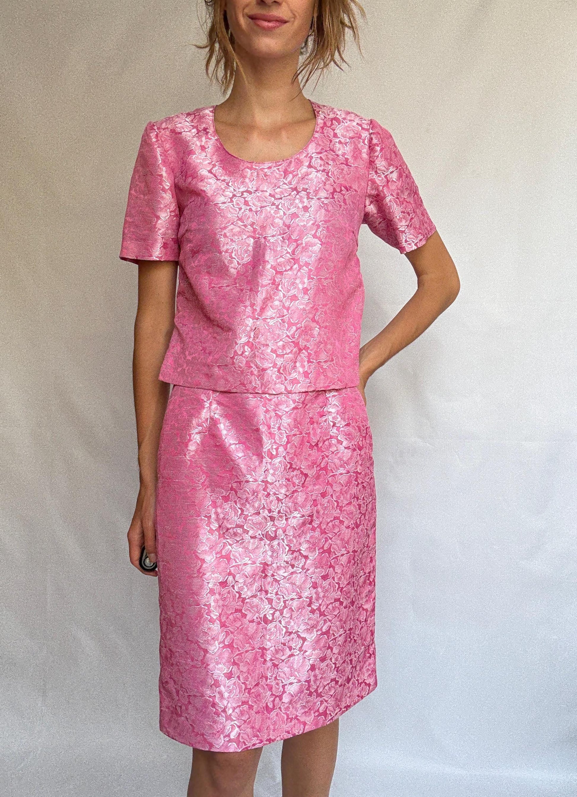 Vintage Pink Brocade Set – Handmade Spanish Skirt Top Jacket Suit – Barbie core office outfit, Size M-L