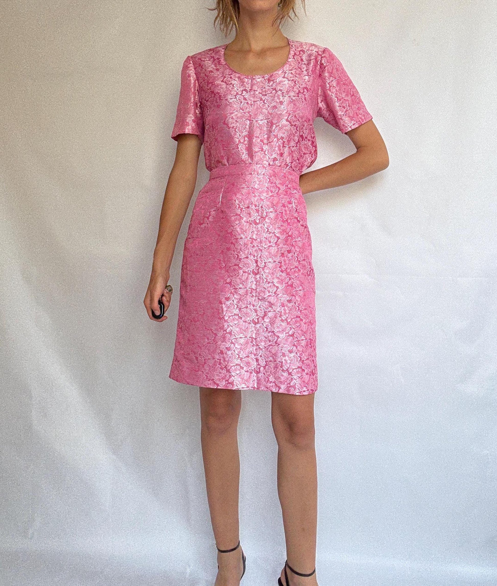 Vintage Pink Brocade Set – Handmade Spanish Skirt Top Jacket Suit – Barbie core office outfit, Size M-L