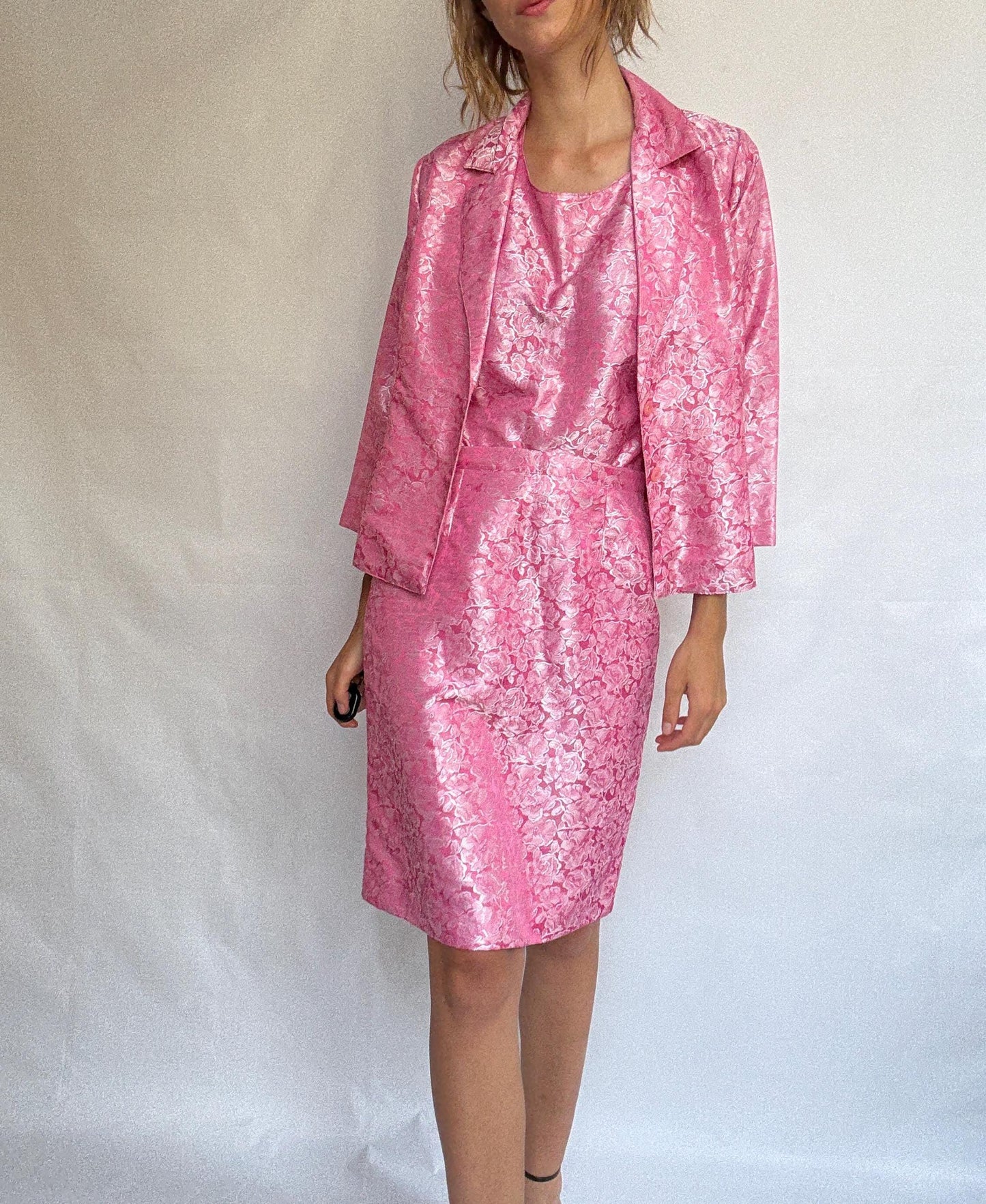 Vintage Pink Brocade Set – Handmade Spanish Skirt Top Jacket Suit – Barbie core office outfit, Size M-L