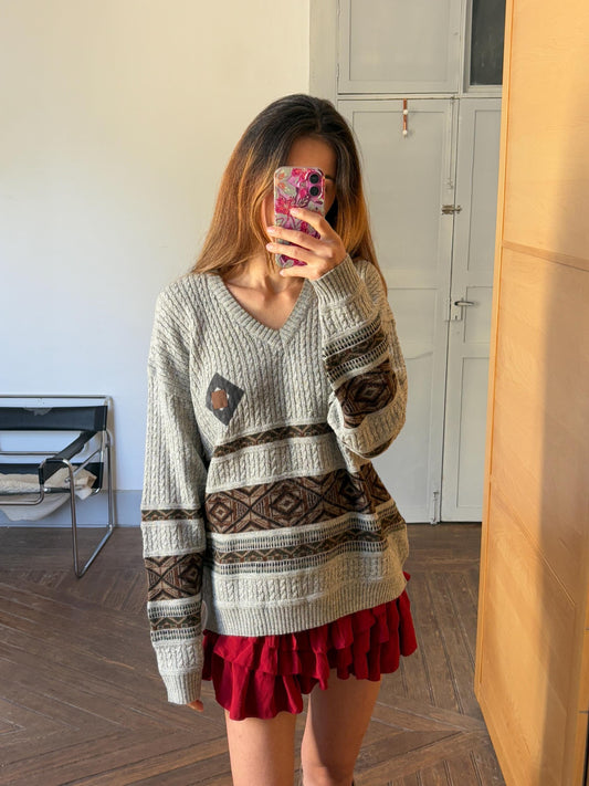 Vintage Light Grey Wool-Alpaca V-Neck Jumper