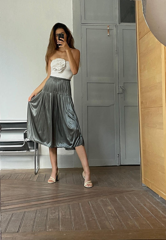 Silver festive midi skirt, High waist vintage metallic pleated skirt, News years eve and Christmass outfit, Elegant Evening Wear, Size S