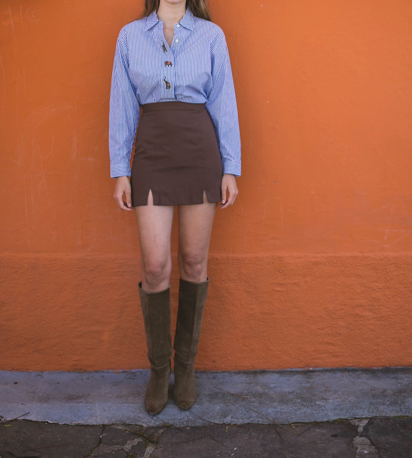 Elephant embroidered blue and white striped button up woman shirt, Vintage oxford shirt M