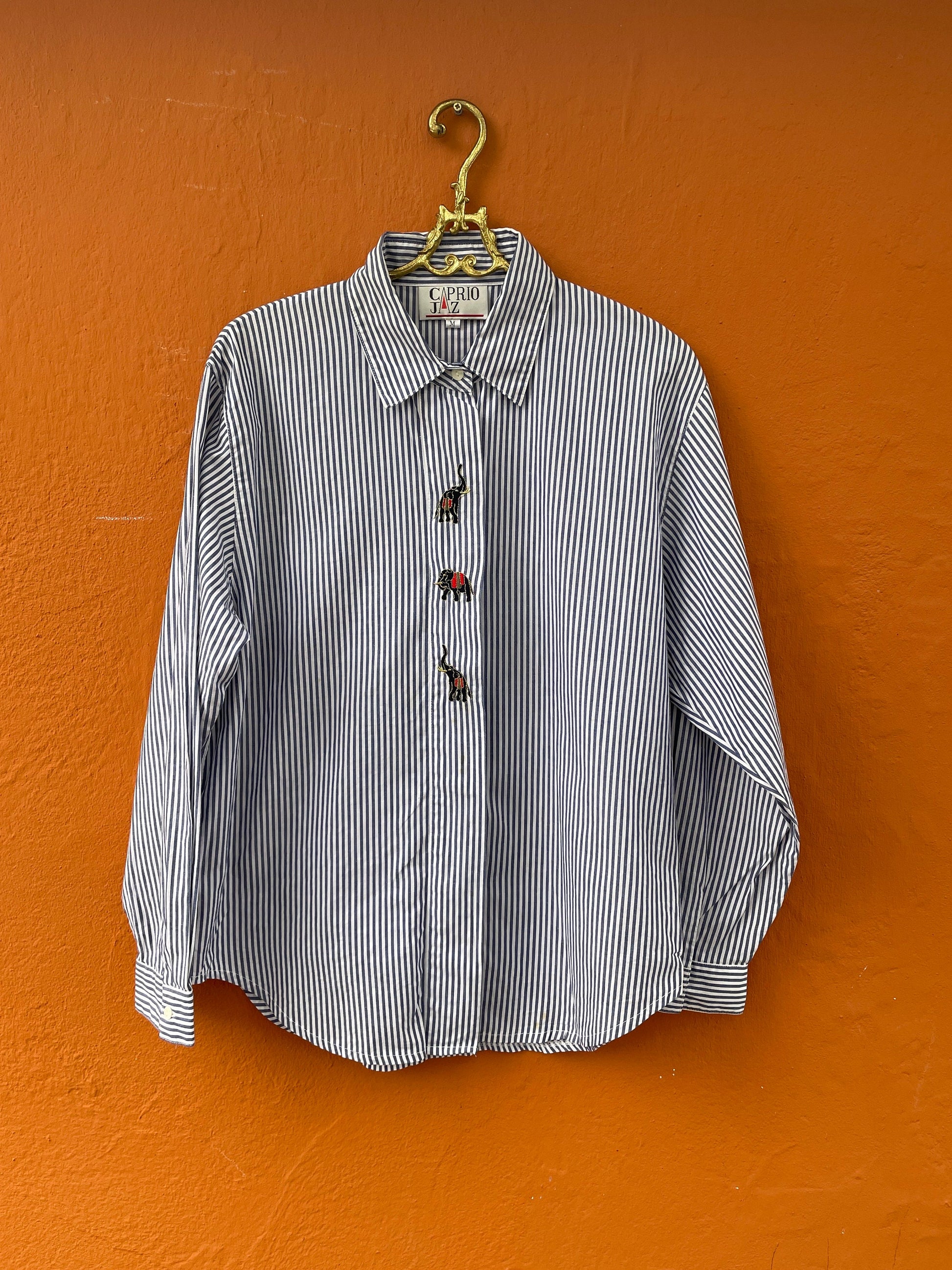 Elephant embroidered blue and white striped button up woman shirt, Vintage oxford shirt M