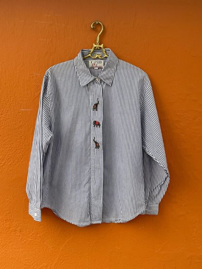 Vintage Blue Striped Cotton Blouse with Elephant Embroidery