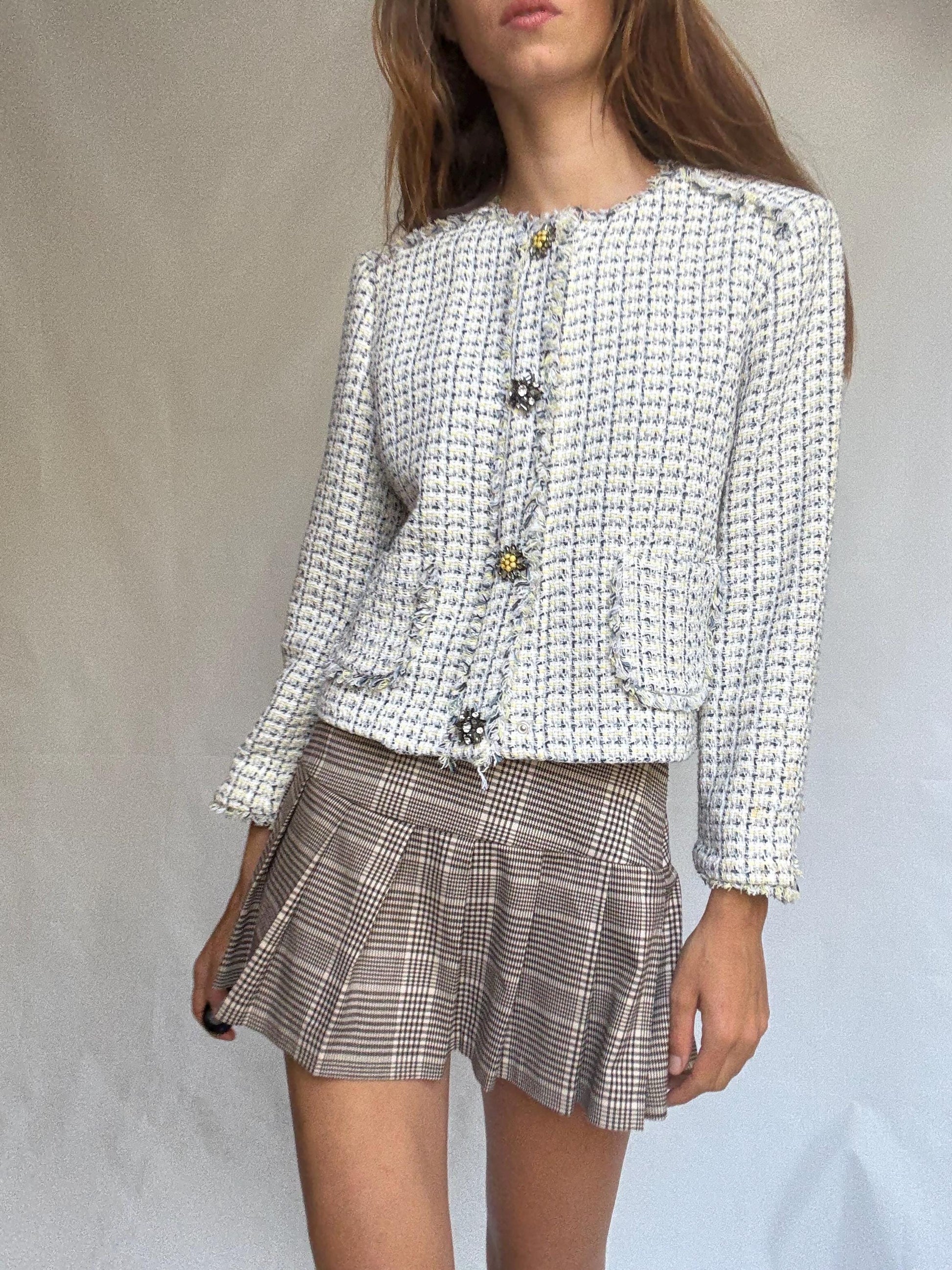 Elegant tweed-style cropped jacket with floral crystal buttons, cream check pattern, lined, 2 front pockets, classic fit