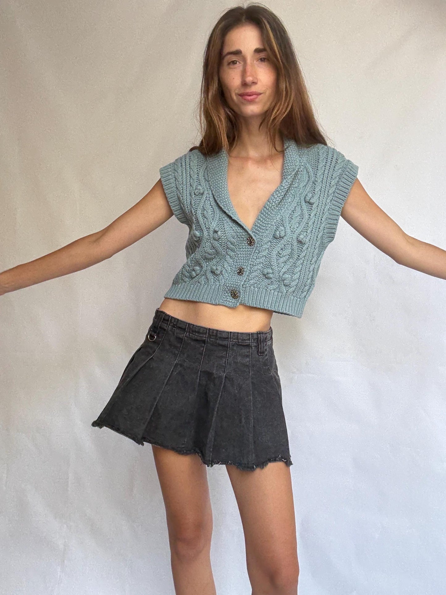 Soft knit cable vest with buttons, cropped cap sleeve sweater top, pale blue preppy core layering piece