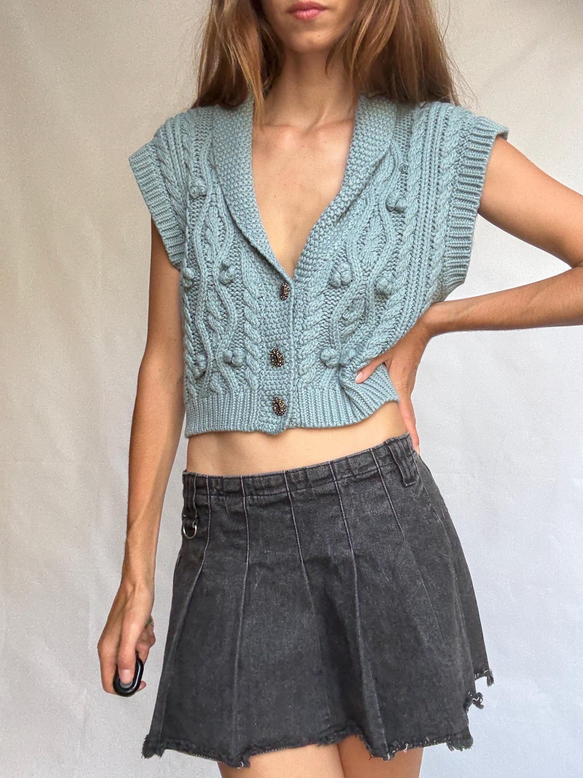 Soft knit cable vest with buttons, cropped cap sleeve sweater top, pale blue preppy core layering piece
