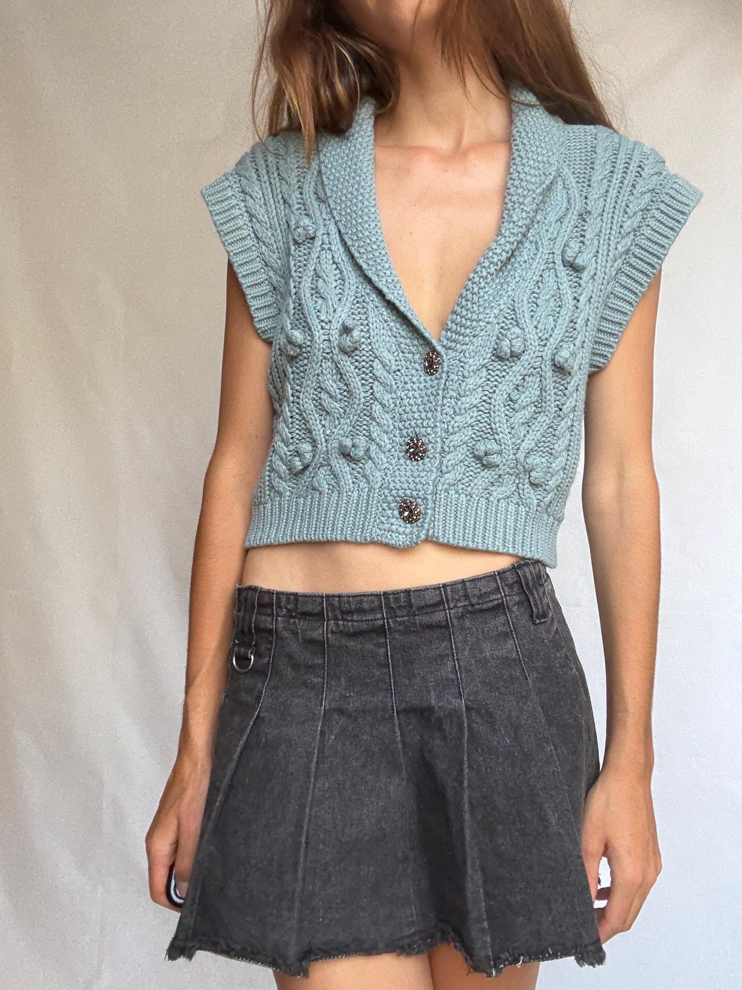 Soft knit cable vest with buttons, cropped cap sleeve sweater top, pale blue preppy core layering piece
