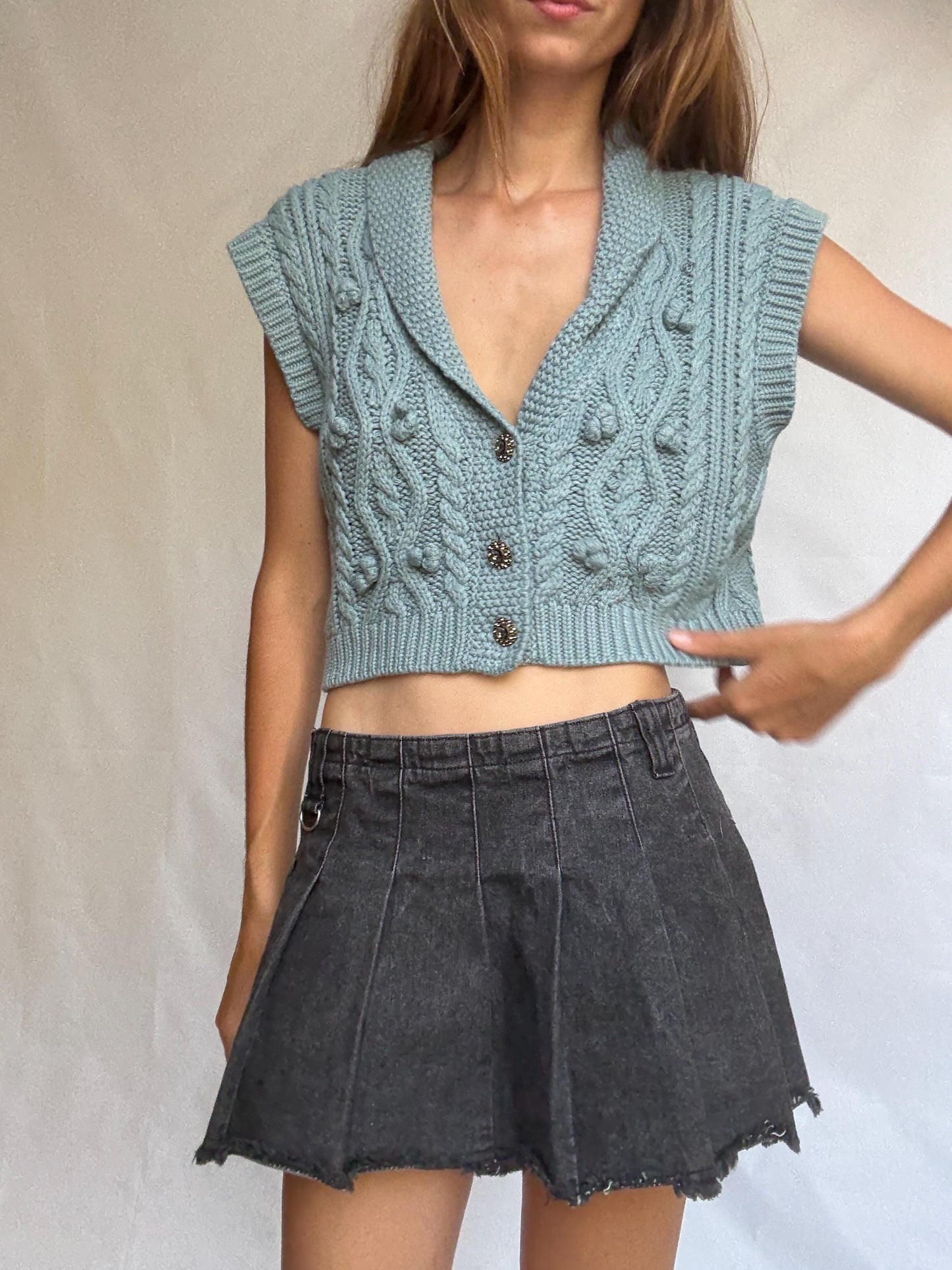 Soft knit cable vest with buttons, cropped cap sleeve sweater top, pale blue preppy core layering piece