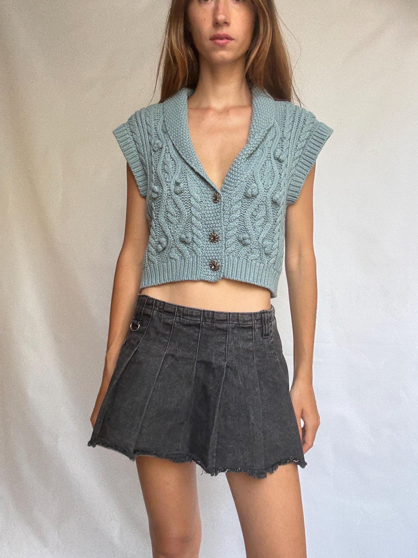 Soft knit cable vest with buttons, cropped cap sleeve sweater top, pale blue preppy core layering piece