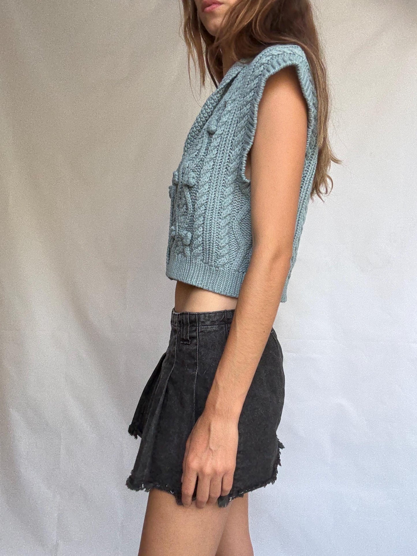 Soft knit cable vest with buttons, cropped cap sleeve sweater top, pale blue preppy core layering piece