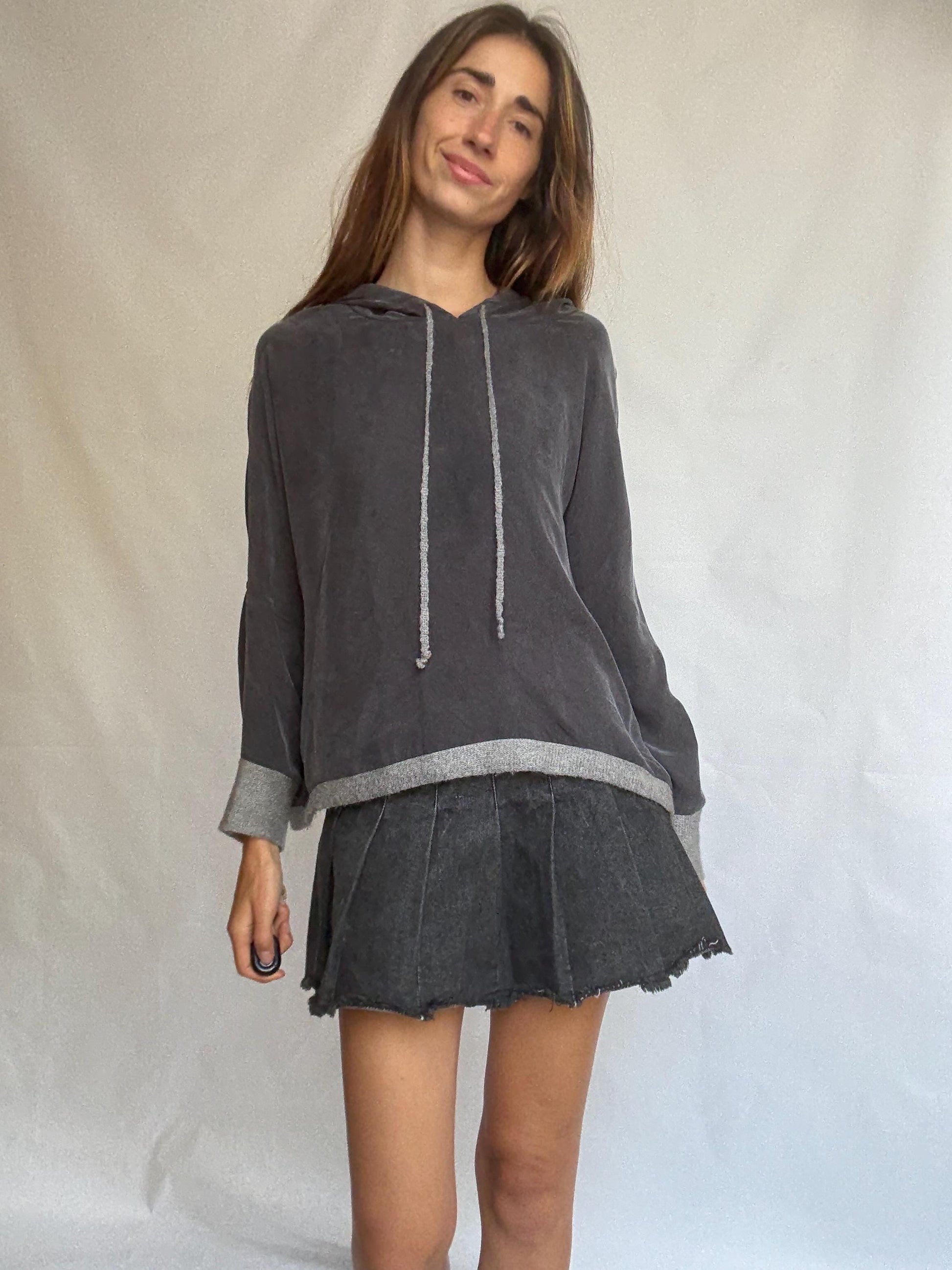 Southern Cotton hoodie XL – charcoal color feels silk blend pullover with wool trim – relaxed oversized fit – soft hooded sweater