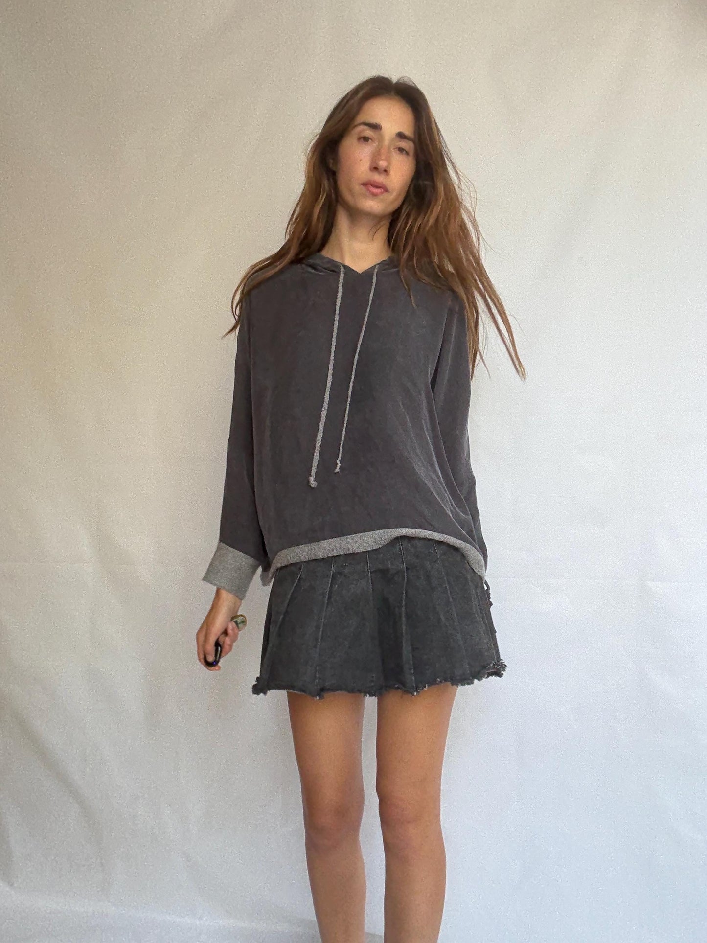 Southern Cotton hoodie XL – charcoal color feels silk blend pullover with wool trim – relaxed oversized fit – soft hooded sweater