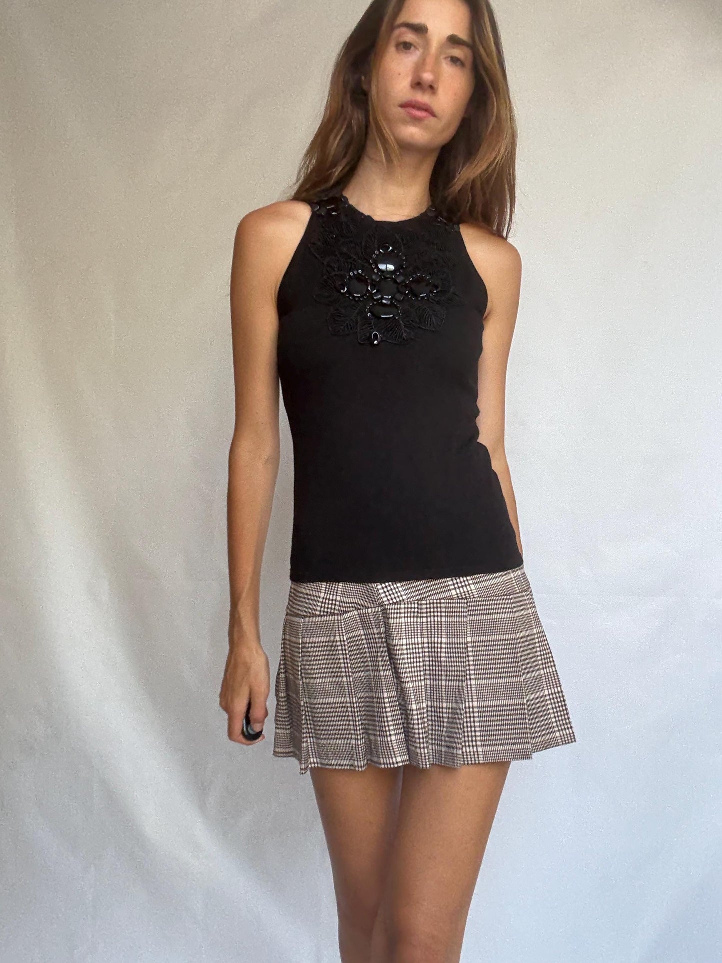 Leo Guy black sleeveless top with statement beaded neckline, elegant fitted blouse, size M/L, floral embroidery detail