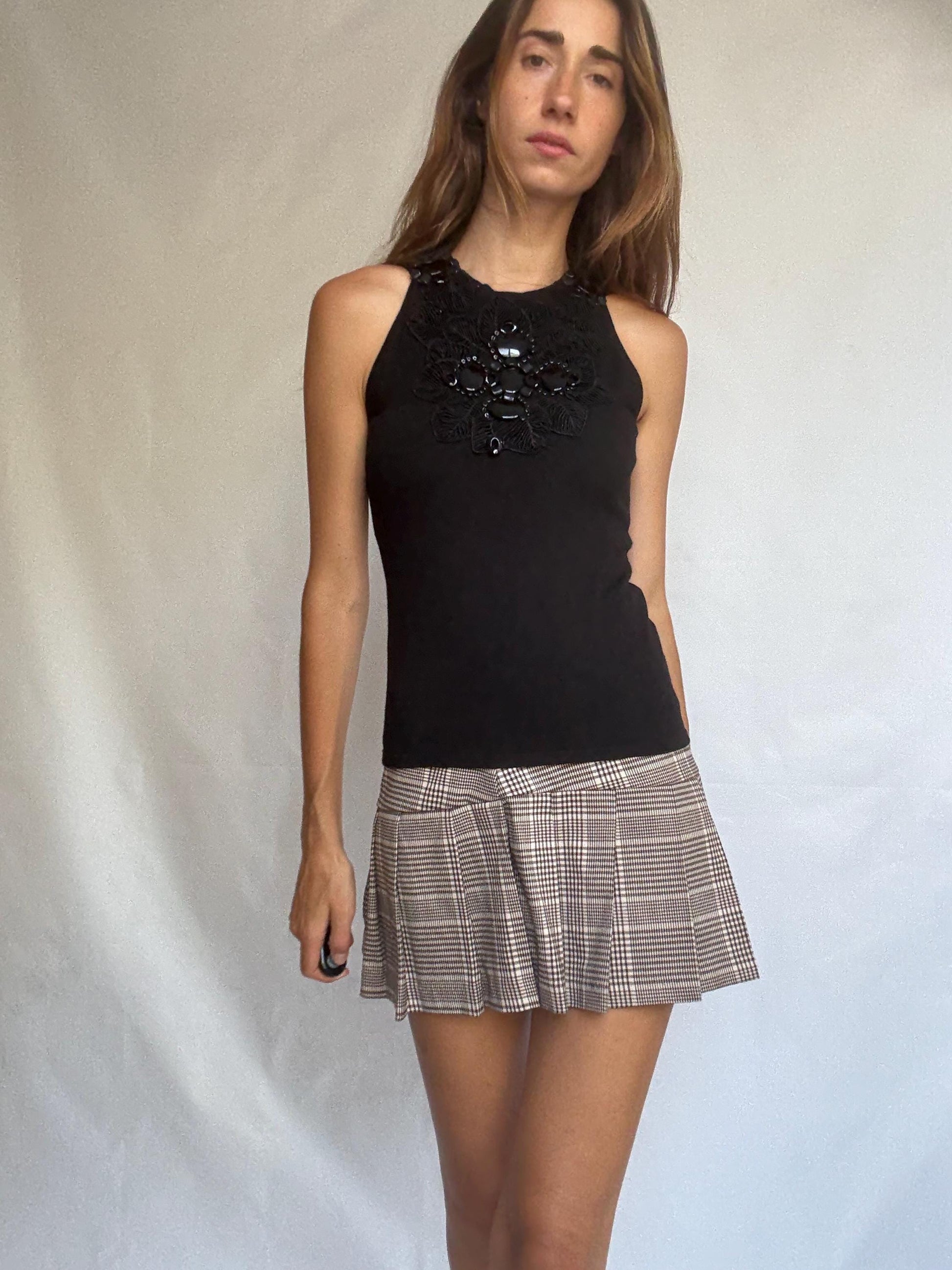 Leo Guy black sleeveless top with statement beaded neckline, elegant fitted blouse, size M/L, floral embroidery detail
