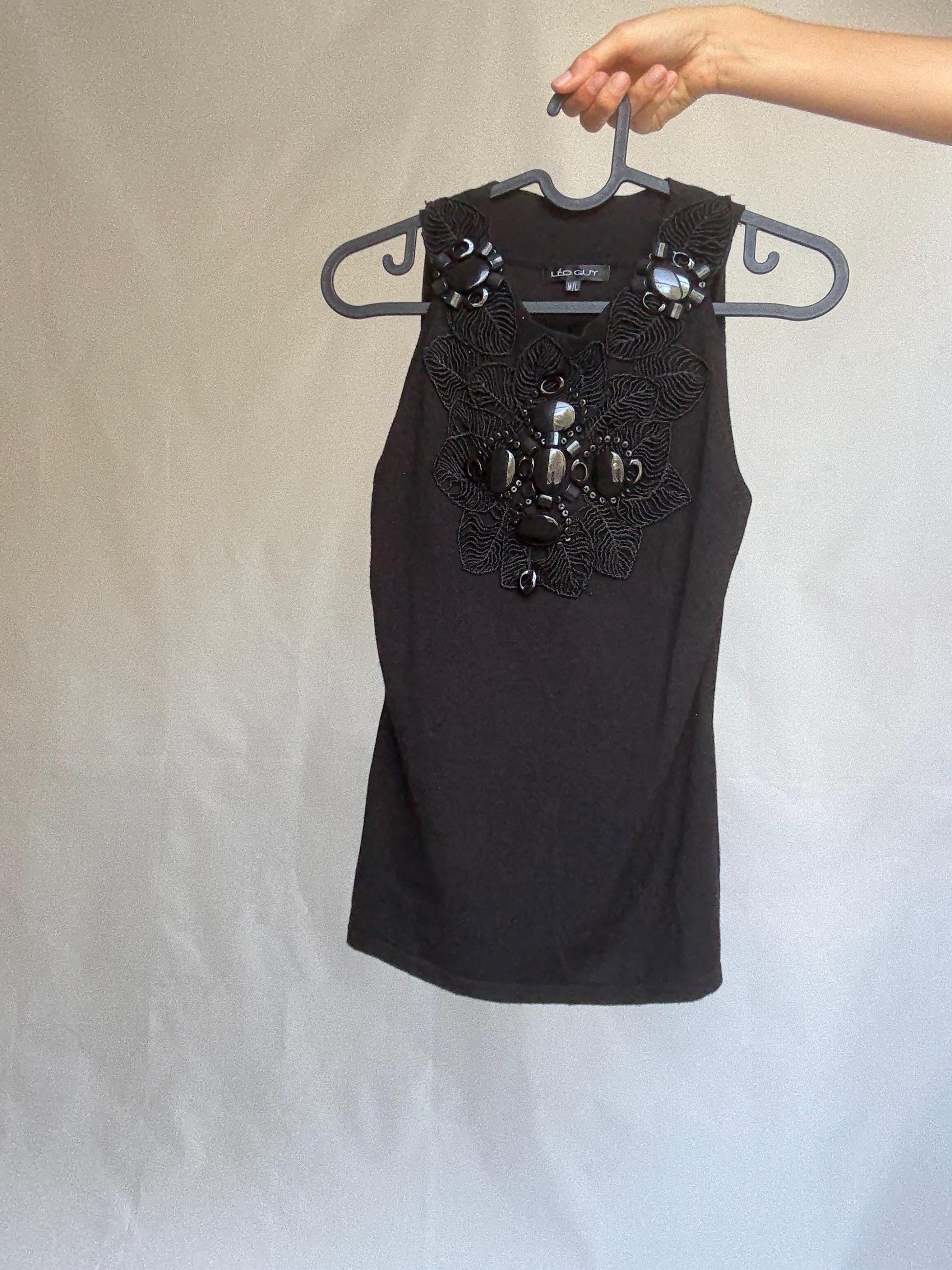 Leo Guy black sleeveless top with statement beaded neckline, elegant fitted blouse, size M/L, floral embroidery detail