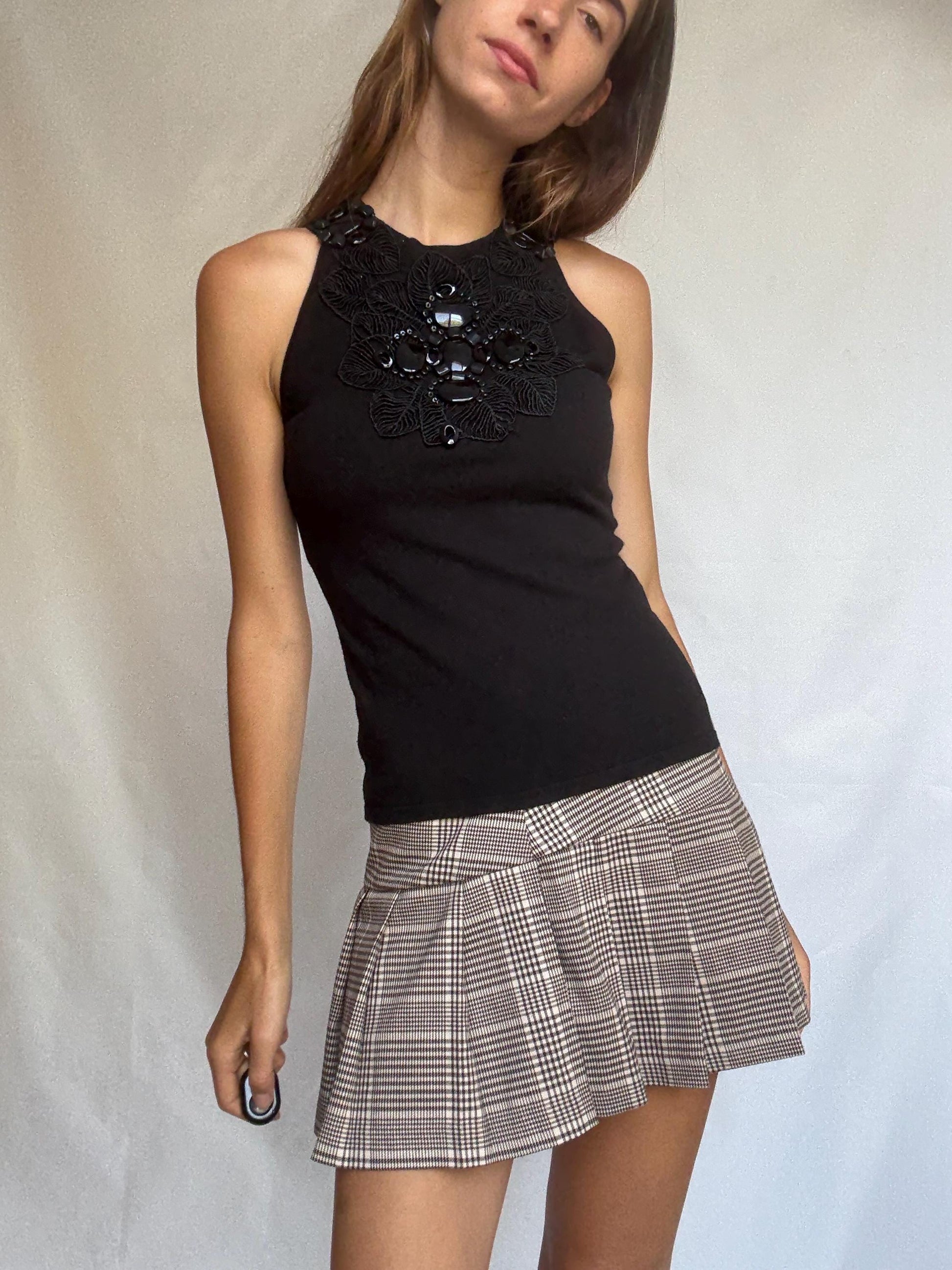 Leo Guy black sleeveless top with statement beaded neckline, elegant fitted blouse, size M/L, floral embroidery detail