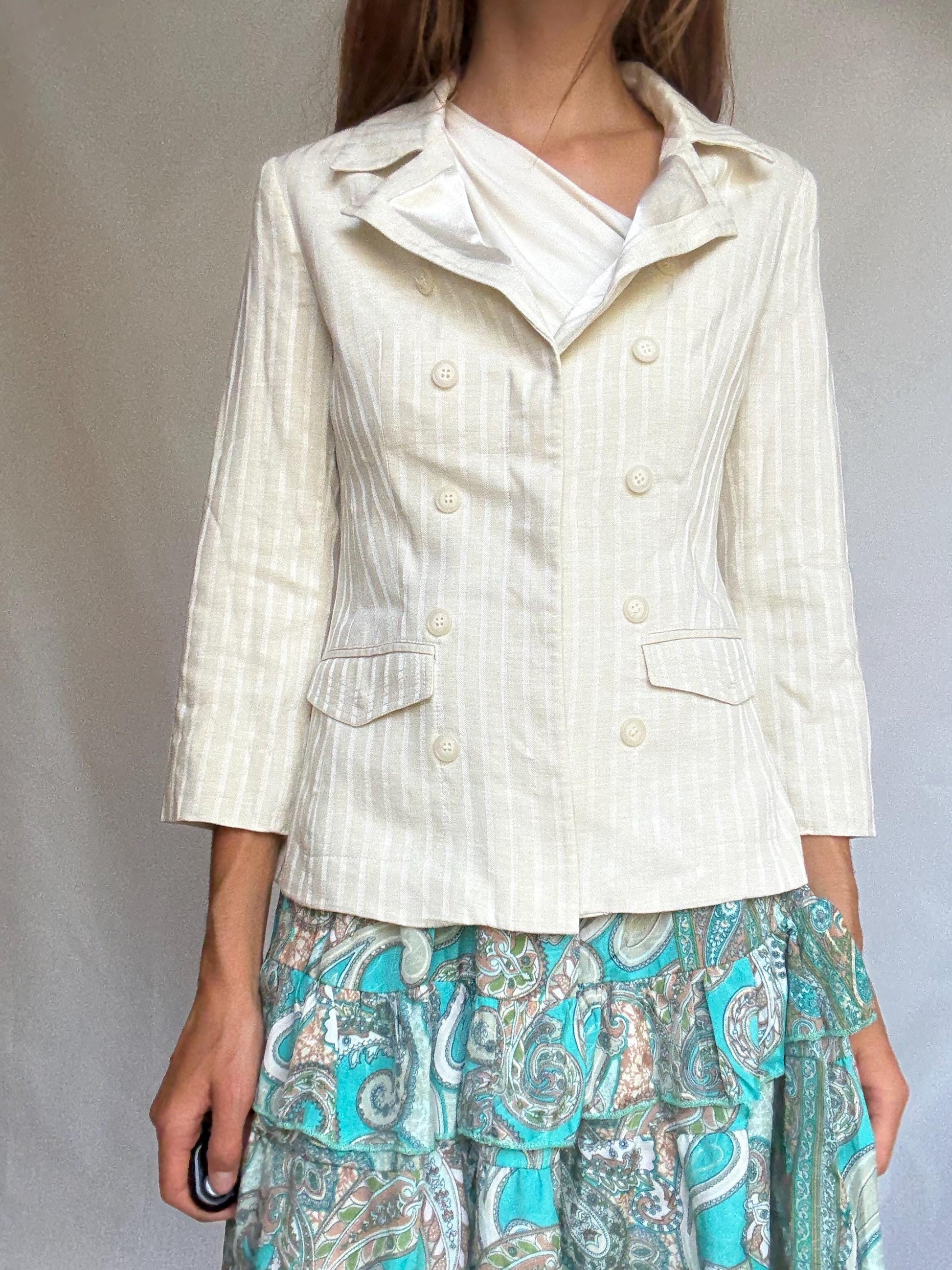 Chic ivory striped blazer with double-breasted buttons, tailored neutral jacket with light structure