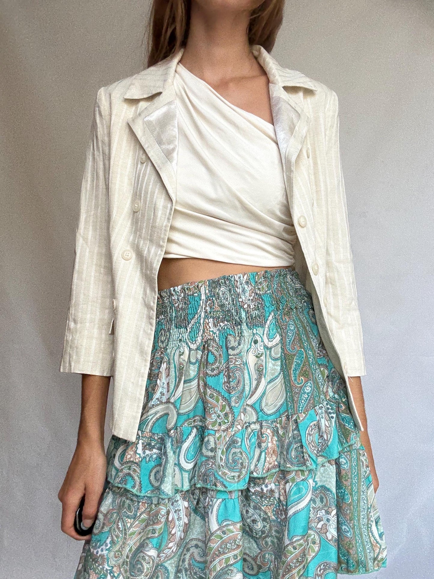 Chic ivory striped blazer with double-breasted buttons, tailored neutral jacket with light structure