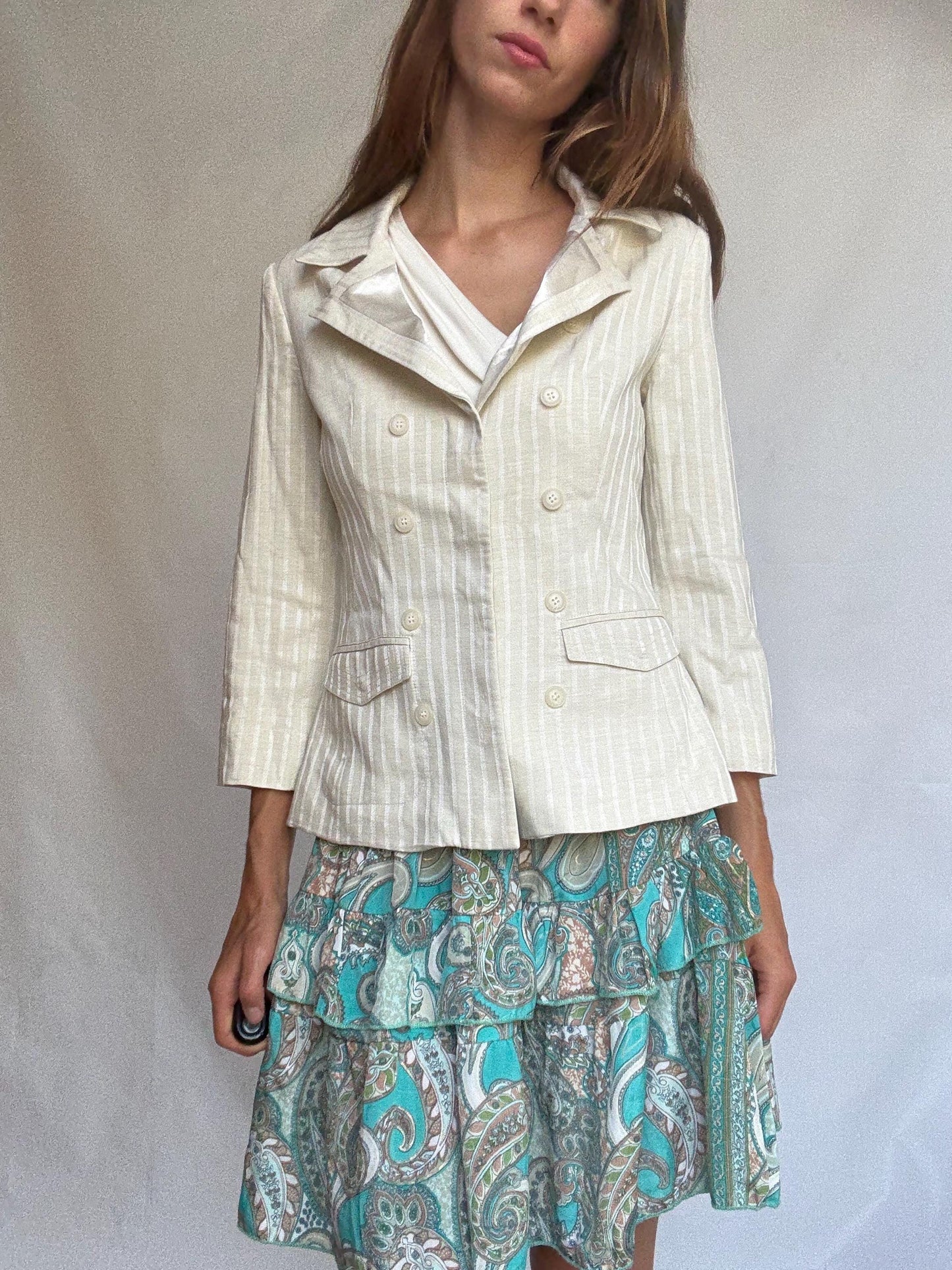 Chic ivory striped blazer with double-breasted buttons, tailored neutral jacket with light structure