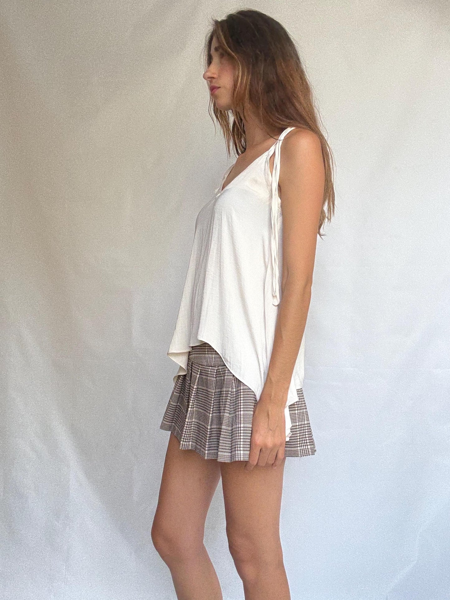 Cream wrap-style tie top in soft viscose feel, handmade adjustable blouse with draped cut, lightweight layering piece