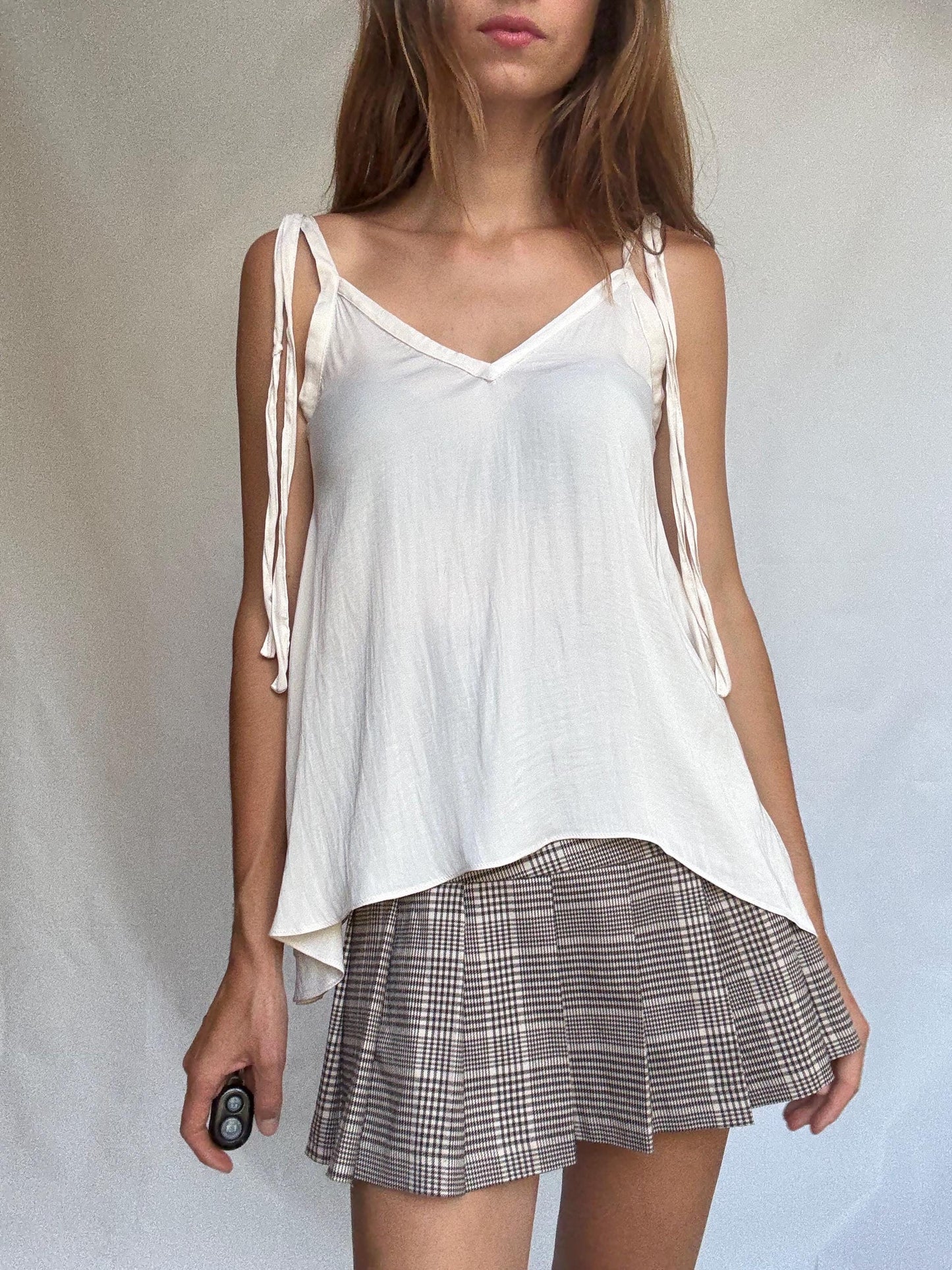 Cream wrap-style tie top in soft viscose feel, handmade adjustable blouse with draped cut, lightweight layering piece