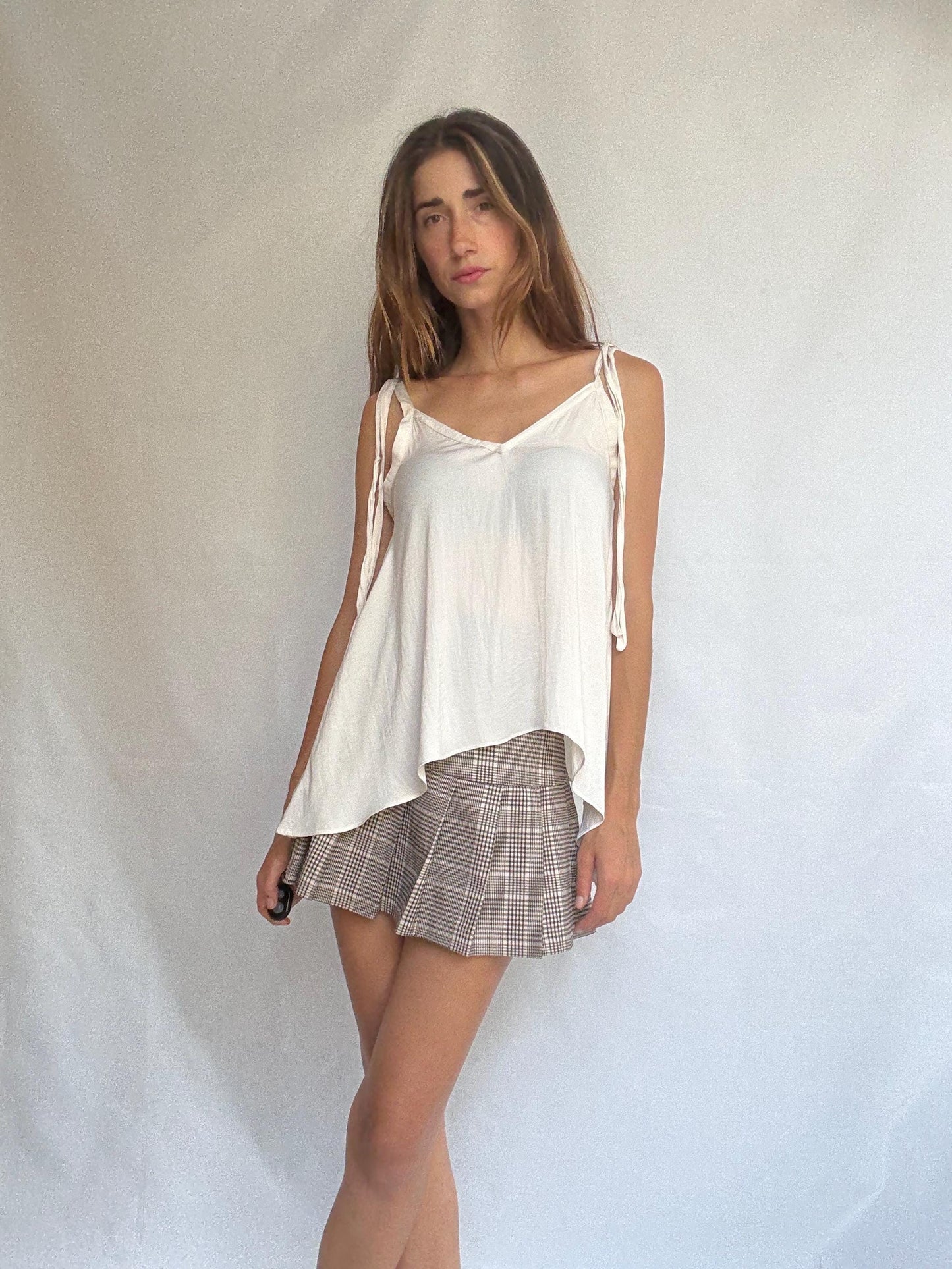 Cream wrap-style tie top in soft viscose feel, handmade adjustable blouse with draped cut, lightweight layering piece