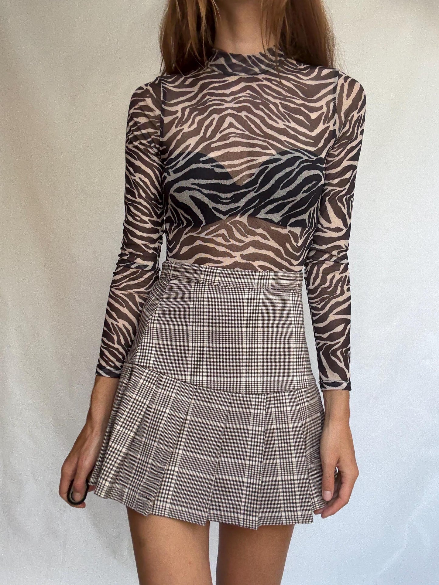 Sheer mesh zebra print bodysuit – long sleeve animal print one piece – high cut transparent top – edgy festival or layering piece