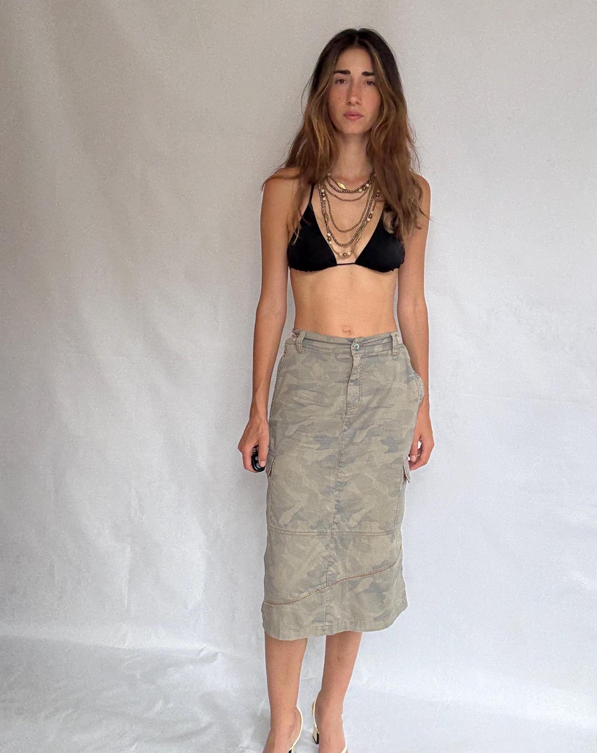 Y2K Army Girl Camo Midi Skirt | Adjustable Waist Cargo Skirt | 2000s Military Style Streetwear | Grunge Utility Skirt in Cotton | S/M
