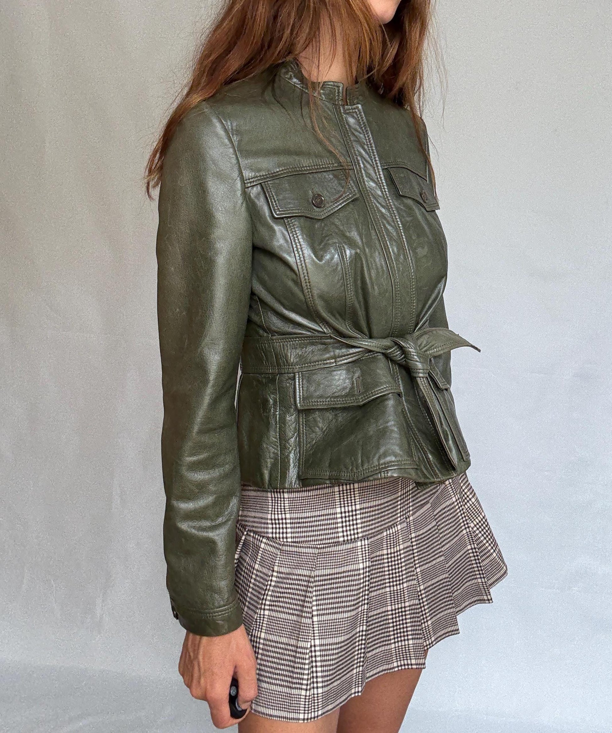 Vintage Hugo Boss Olive Green Leather Jacket | Belted Moto Blazer | 100% Lambskin | Soft Grunge Utility Chic | Size M